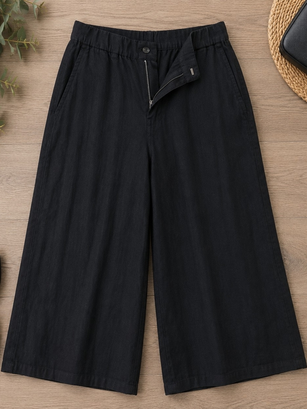 Eileen Fisher Black Wide-Leg Crop Pants Women's Size 2X Button Zip Pockets
